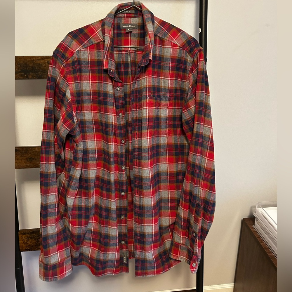 EDDIE BAUER Men's Red Plaid Flannel Shirt Classic Fit Large/Tall